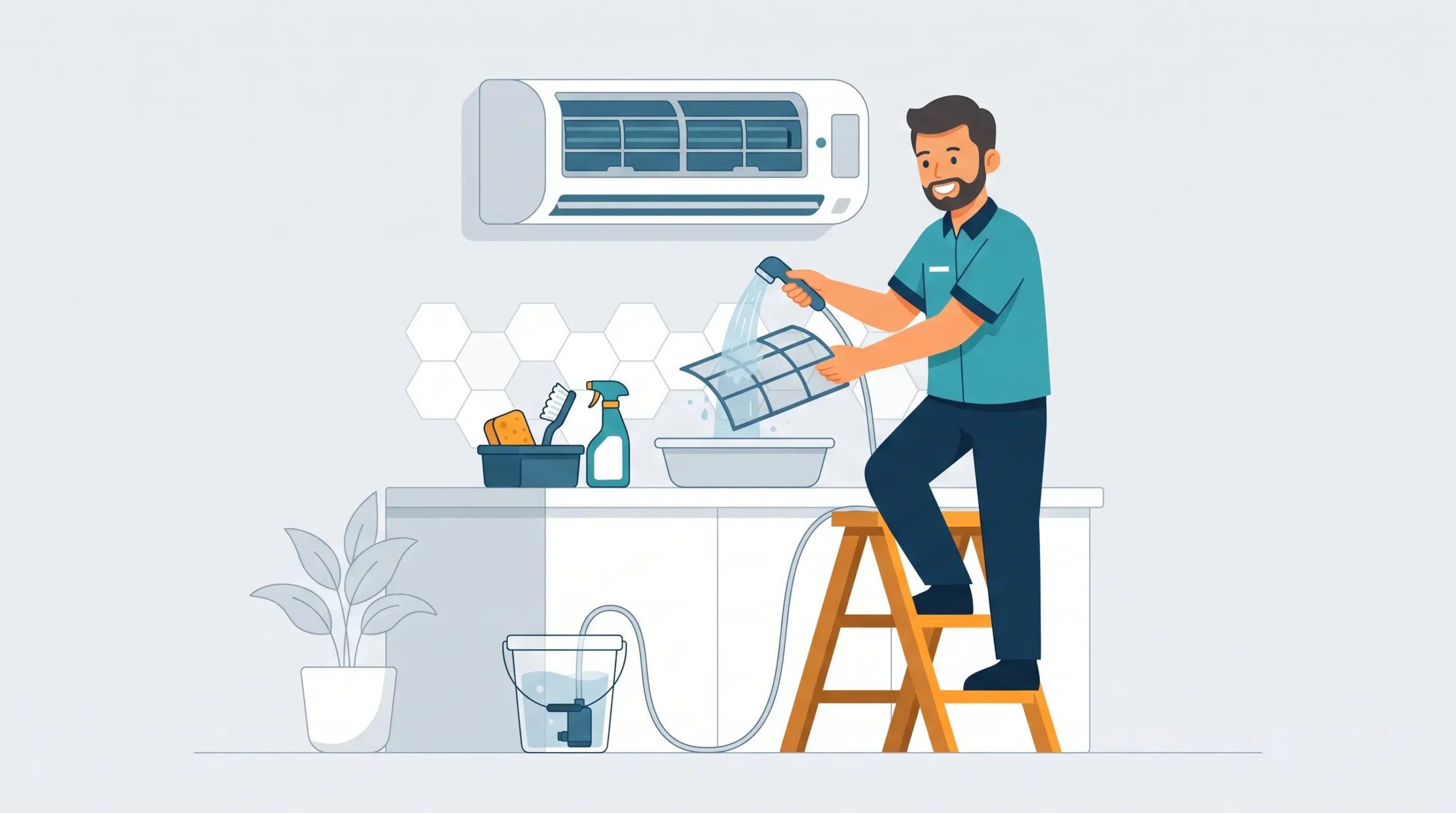 Ilustrasi pria sedang mencuci filter AC menggunakan semprotan air dan tangga kayu, dilengkapi peralatan pembersih rumah tangga dalam gaya vektor flat.