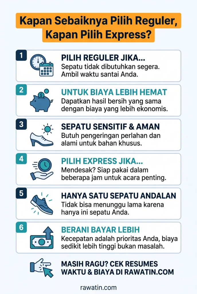 Infografis vertikal yang berisi panduan memilih antara layanan cuci sepatu reguler atau express berdasarkan tingkat urgensi waktu, anggaran biaya, dan jenis bahan sepatu.
