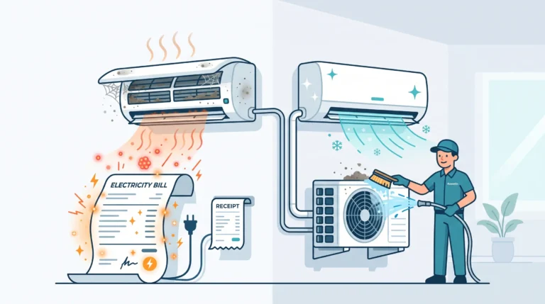 Ilustrasi perbandingan unit AC kotor yang menyebabkan lembar tagihan listrik membengkak dengan unit AC bersih yang sedang dicuci oleh teknisi profesional Rawatin.