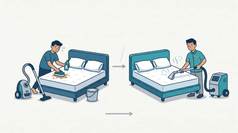 Ilustrasi perbandingan antara mencuci kasur sendiri secara manual menggunakan sikat dan ember dengan menggunakan jasa pembersih kasur profesional yang memakai mesin vakum extractor.