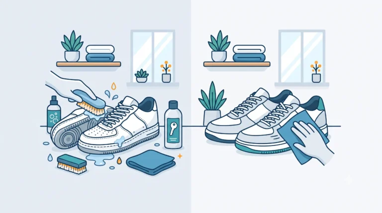 Ilustrasi perbandingan layanan cuci sepatu deep clean reguler dan fast clean express, sama-sama menyeluruh namun berbeda kecepatan pengerjaan.