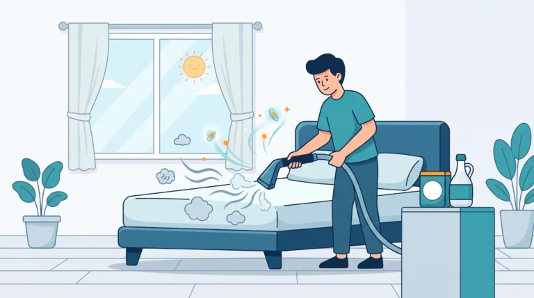 Ilustrasi pria sedang membersihkan kasur menggunakan alat penyedot kotoran untuk menyedot debu, kuman, dan bau tidak sedap agar permukaan kasur kembali segar dan bersih.