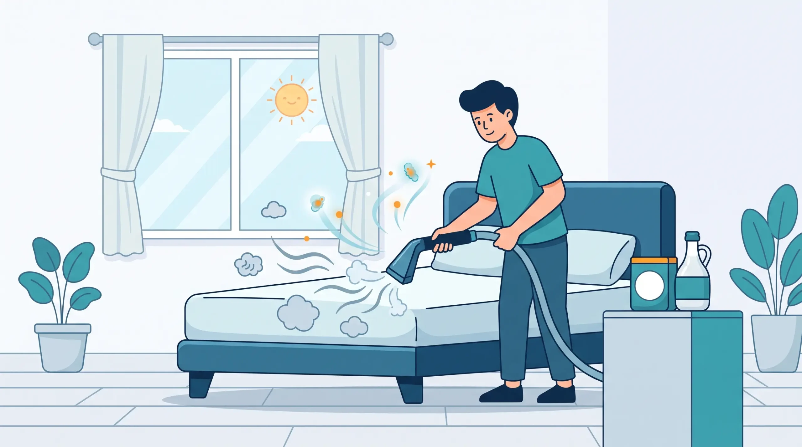 Ilustrasi pria sedang membersihkan kasur menggunakan alat penyedot kotoran untuk menyedot debu, kuman, dan bau tidak sedap agar permukaan kasur kembali segar dan bersih.