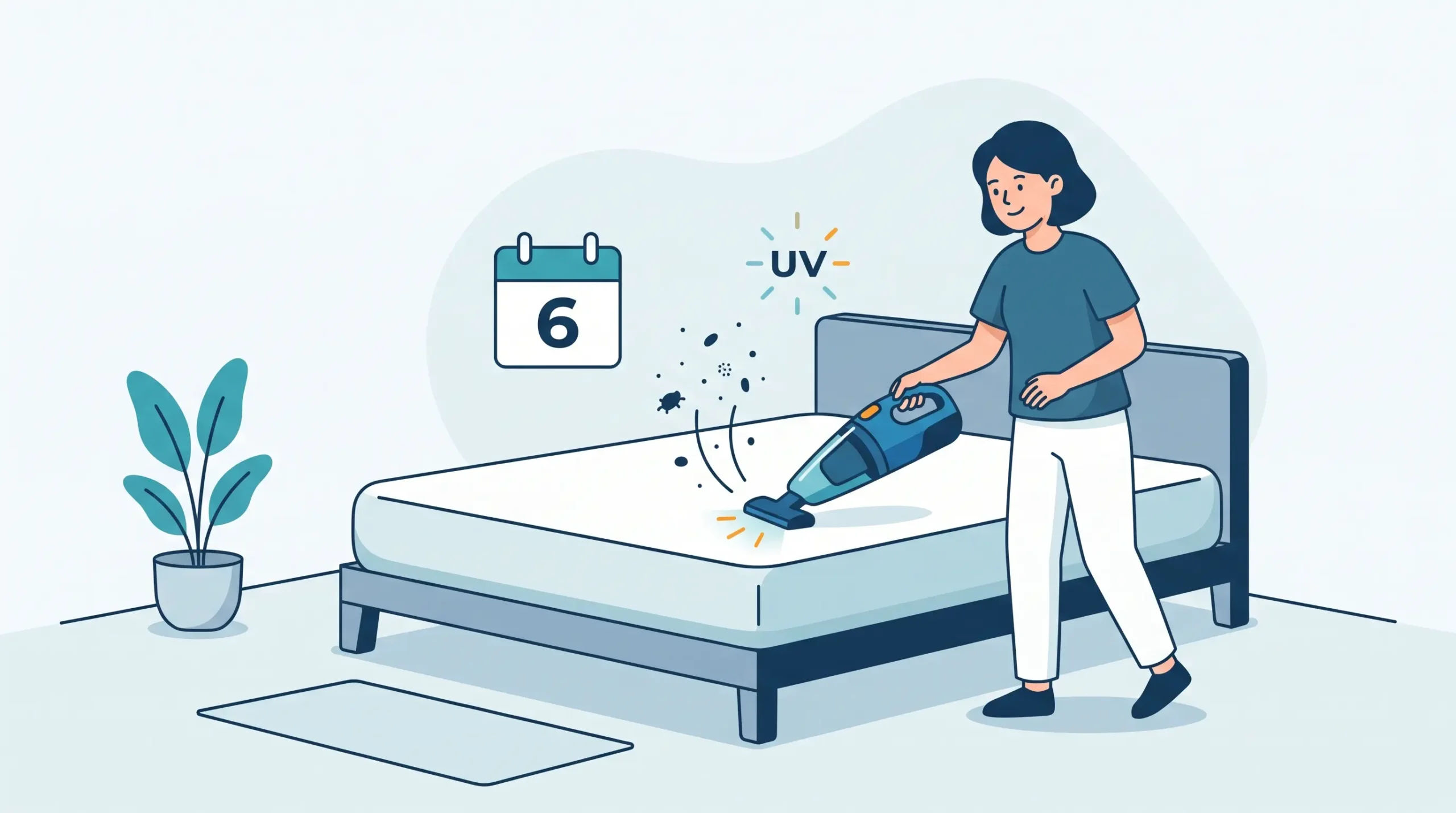 Ilustrasi seorang wanita sedang membersihkan permukaan kasur menggunakan penyedot debu dengan fitur sanitasi UV untuk menjaga kebersihan kasur secara berkala setiap 6 bulan.