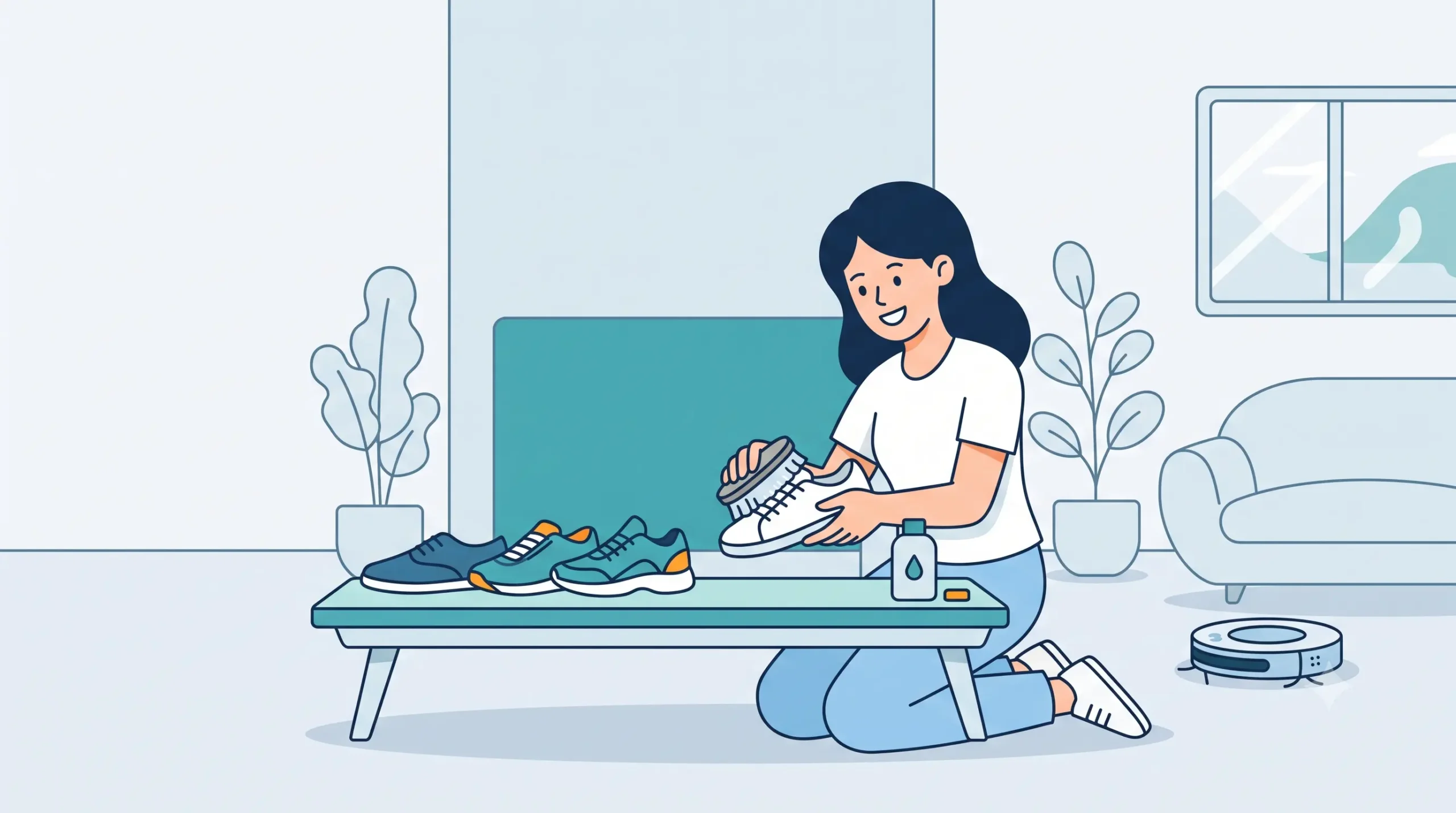 Ilustrasi seorang wanita sedang membersihkan sepatu putih secara hati-hati menggunakan sikat lembut dan cairan pembersih khusus di dalam ruangan.
