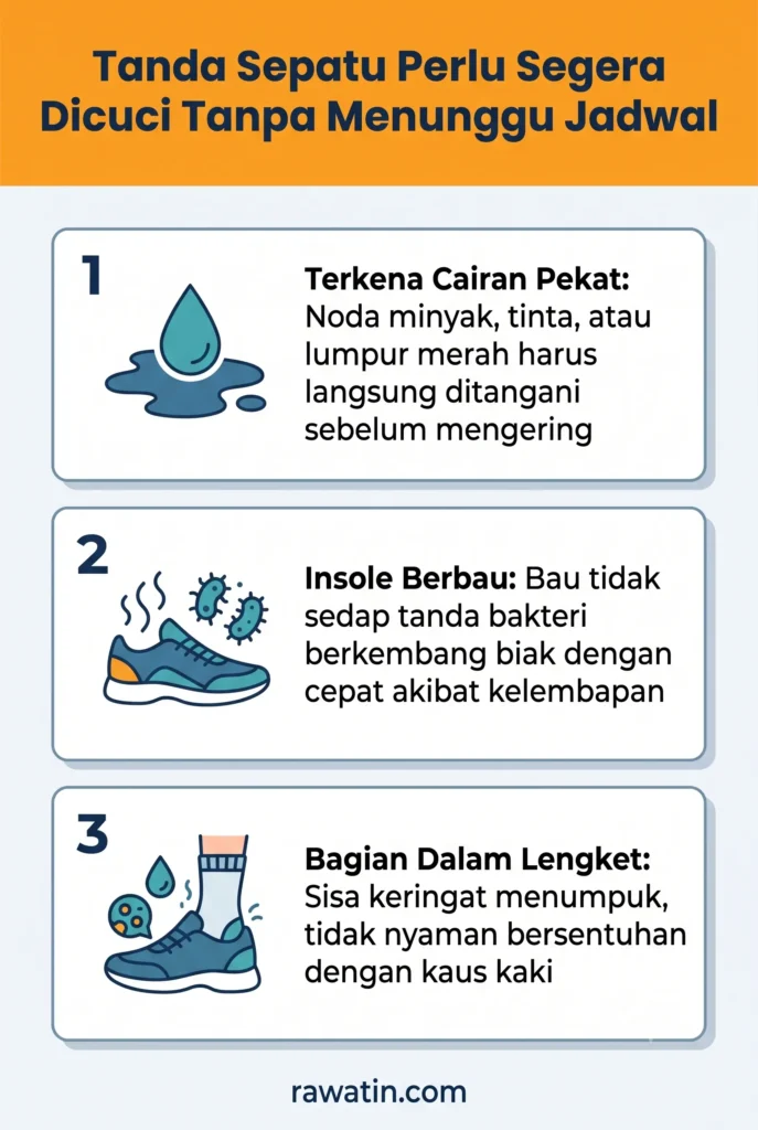 Infografis vertical berisi 3 tanda sepatu harus segera dicuci: terkena cairan pekat/noda minyak, insole mulai berbau akibat bakteri, dan bagian dalam terasa lengket karena penumpukan keringat.