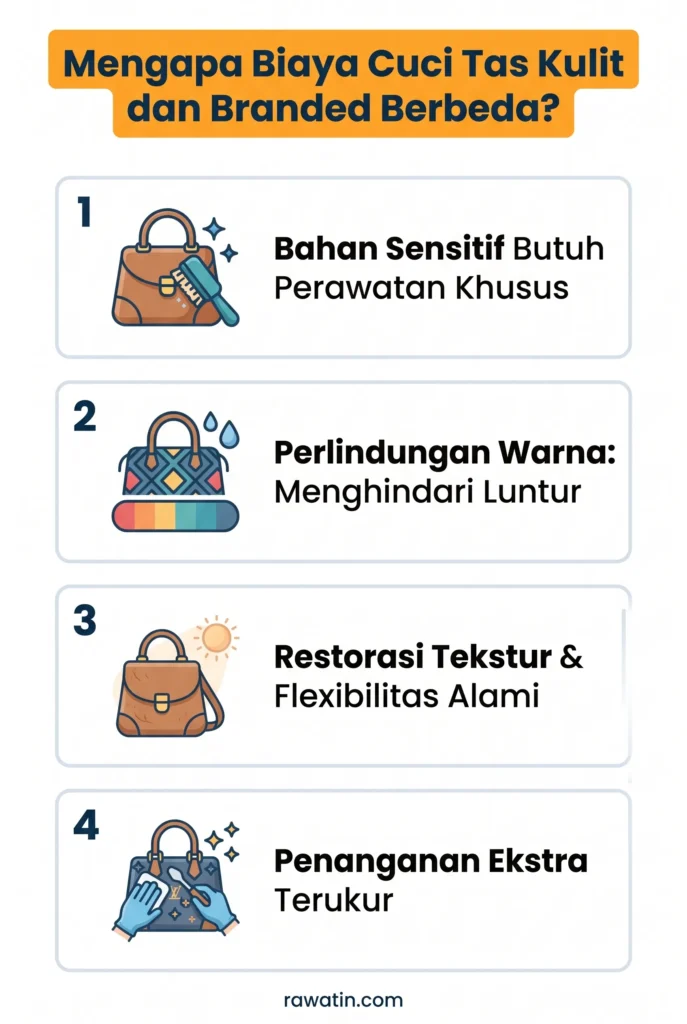 Infografis berisi empat alasan mengapa biaya cuci tas kulit dan branded berbeda, mencakup perawatan bahan sensitif, perlindungan warna agar tidak luntur, restorasi tekstur alami, dan penanganan ekstra terukur.