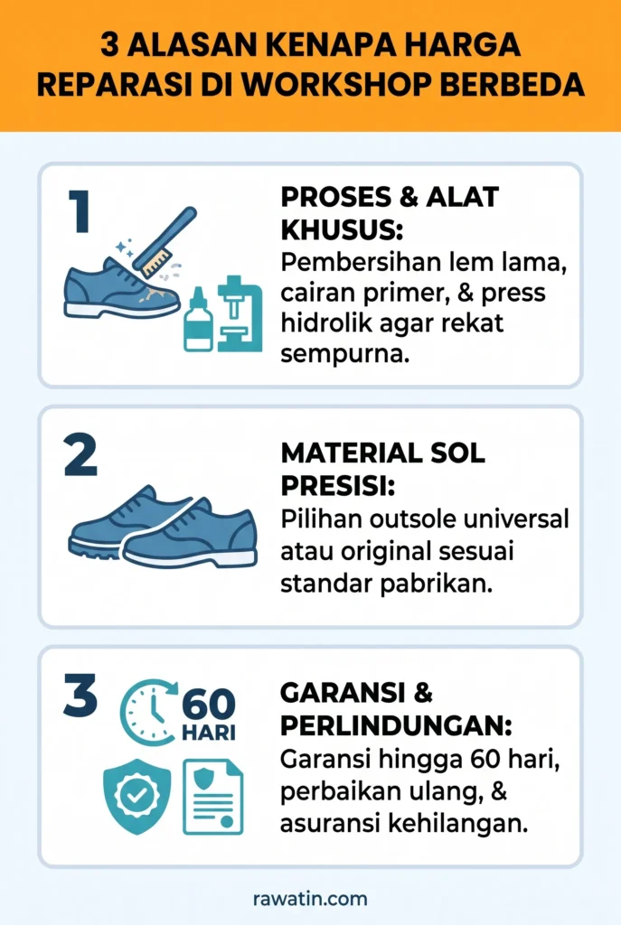 Infografis berisi tiga alasan perbedaan harga servis sepatu di workshop profesional, mencakup penggunaan alat khusus, material sol presisi, serta perlindungan garansi hingga 60 hari.