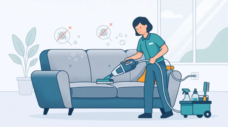 Ilustrasi seorang teknisi sedang membersihkan sofa dari tungau dan debu menggunakan mesin penyedot penyedot debu khusus profesional di ruang keluarga.