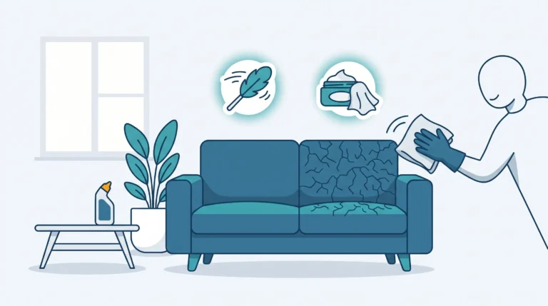 Ilustrasi perawatan sofa kulit memperlihatkan perbandingan permukaan sofa yang kusam dan retak dengan sisi yang bersih serta lentur setelah diaplikasikan pembersih khusus dan leather conditioner.