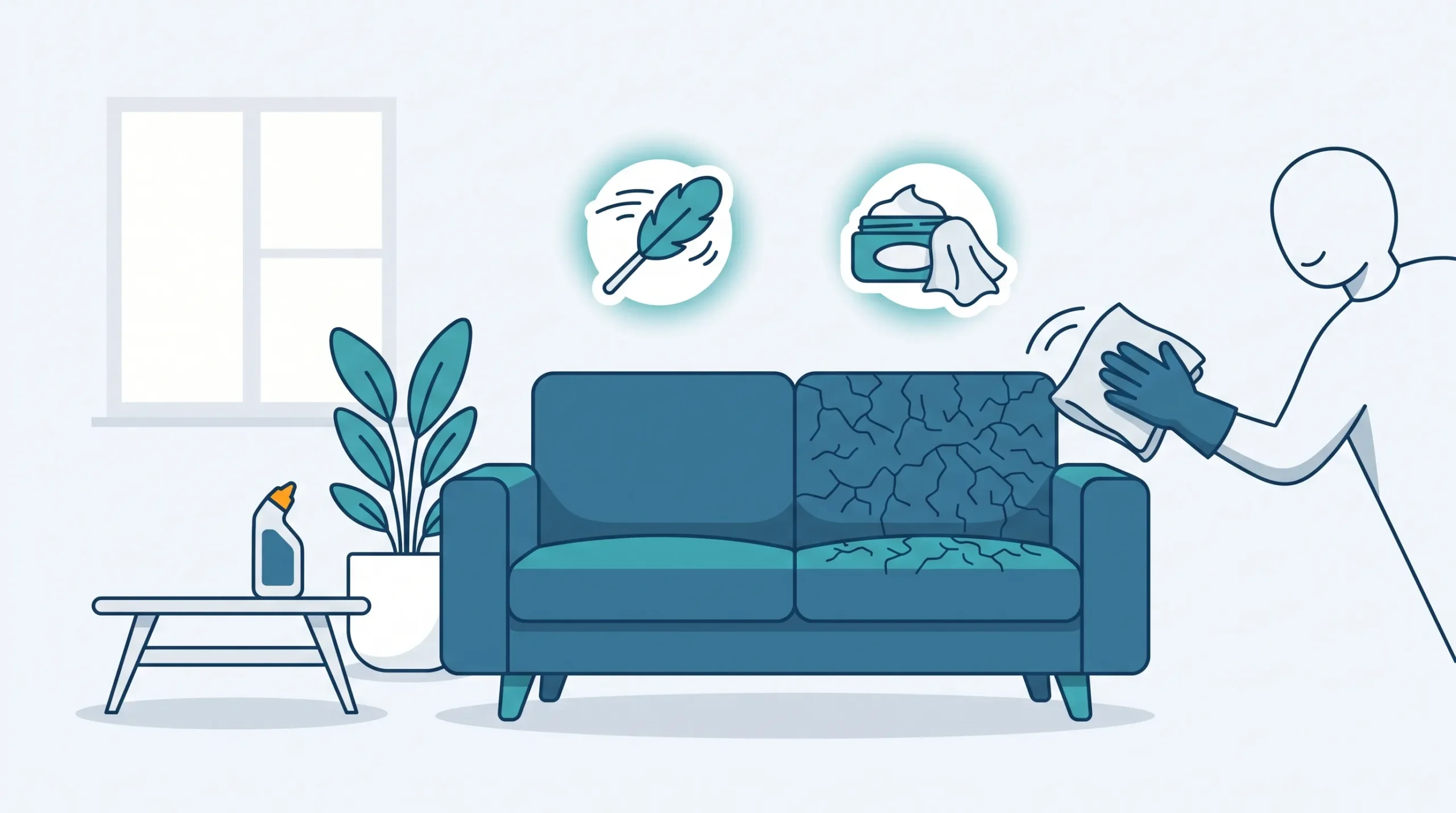 Ilustrasi perawatan sofa kulit memperlihatkan perbandingan permukaan sofa yang kusam dan retak dengan sisi yang bersih serta lentur setelah diaplikasikan pembersih khusus dan leather conditioner.