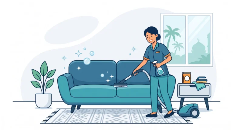 Ilustrasi metode pembersihan sofa kain di rumah menggunakan vacuum cleaner, botol semprot pembersih, dan alat pendukung untuk menghilangkan debu serta noda secara efektif.