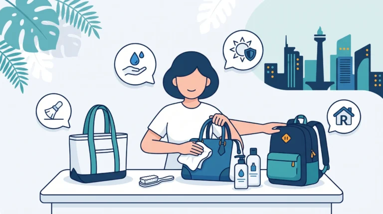 Ilustrasi perawatan dan cara membersihkan berbagai jenis tas seperti tas kanvas, tas kulit, dan ransel nylon menggunakan kain mikrofiber, sikat halus, serta cairan pembersih khusus.
