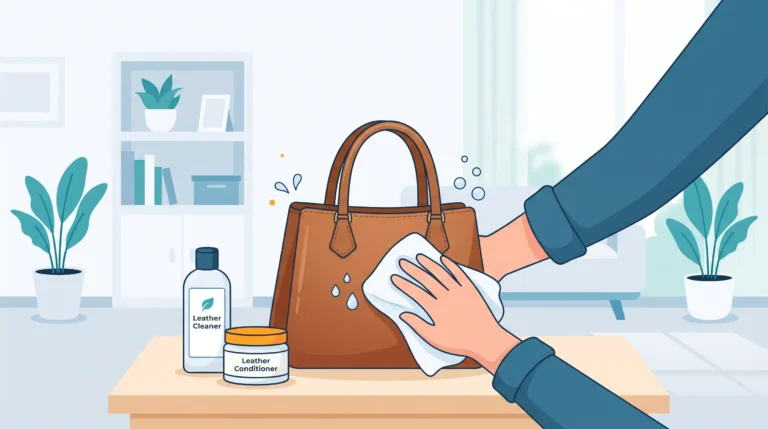 Ilustrasi flat seorang teknisi mitra membersihkan tas tangan kulit warna cokelat menggunakan kain mikrofiber, cairan Leather Cleaner, dan Leather Conditioner khusus untuk menjaga kelembapan.