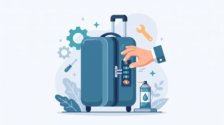 Ilustrasi flat vector menunjukkan sebuah koper biru dengan kunci kombinasi angka yang sedang diperbaiki oleh tangan manusia, dikelilingi oleh ikon alat seperti roda gigi, obeng, kunci pas, dan botol pelumas semprot.