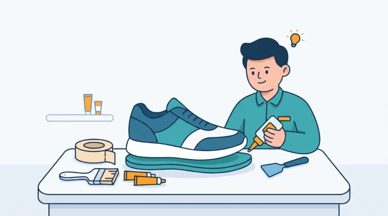Ilustrasi flat vector seorang pria sedang merekatkan sol sepatu lepas menggunakan lem khusus sepatu di atas meja lengkap dengan peralatan perbaikan seperti kuas, lakban, dan kaporit.