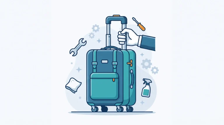 Ilustrasi flat vector koper bernuansa biru teal dengan gagang trolley ditarik, dikelilingi ikon peralatan seperti obeng, kunci pas, kain lap, dan cairan pelumas untuk perbaikan mandiri.