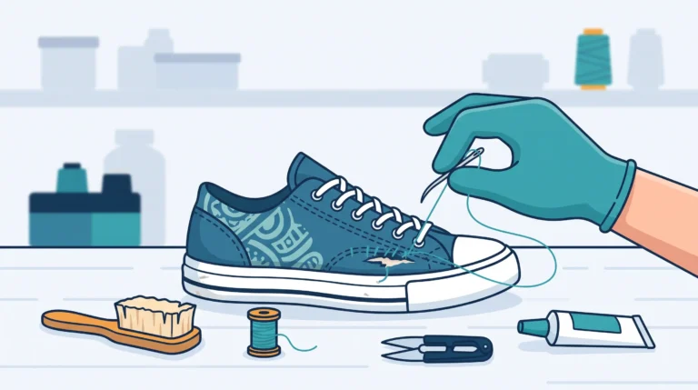 Ilustrasi flat vector tangan sedang menjahit upper sepatu kanvas biru yang sobek menggunakan jarum dan benang, dilengkapi peralatan perbaikan sepatu seperti sikat, benang, gunting pendedel, dan lem.