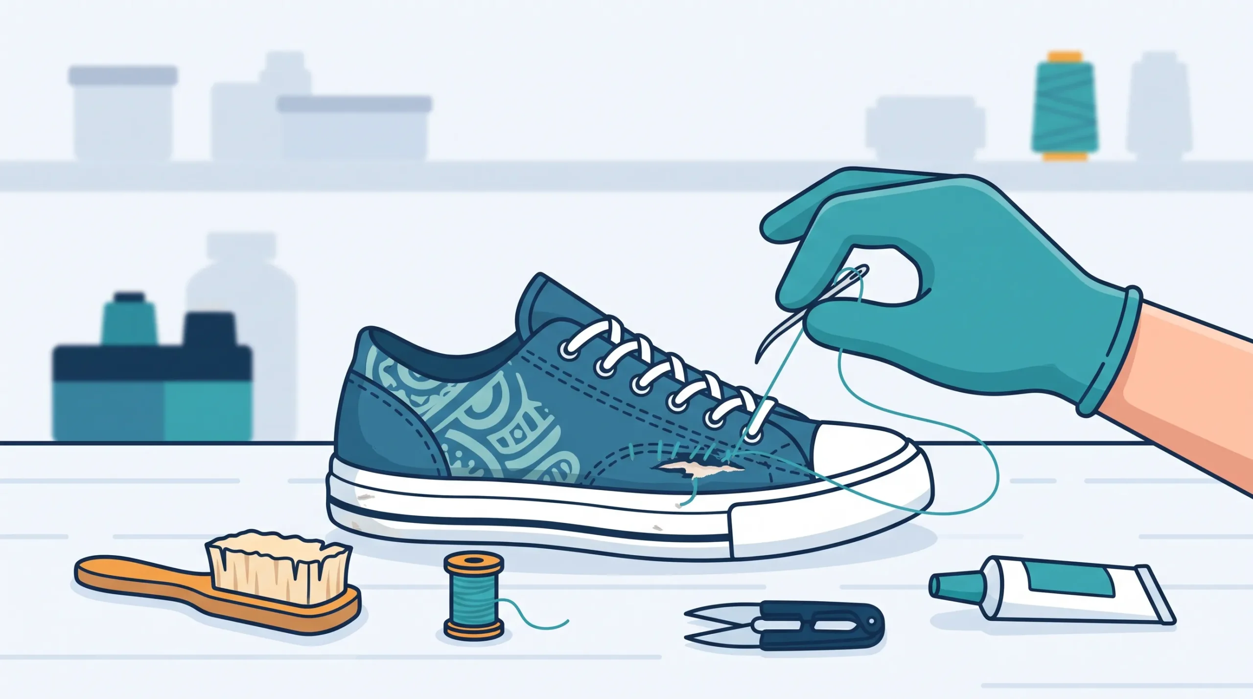 Ilustrasi flat vector tangan sedang menjahit upper sepatu kanvas biru yang sobek menggunakan jarum dan benang, dilengkapi peralatan perbaikan sepatu seperti sikat, benang, gunting pendedel, dan lem.