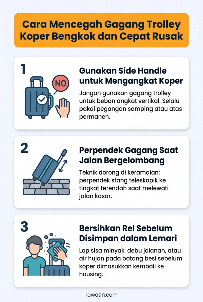 Infografis tiga langkah mencegah gagang trolley koper bengkok: gunakan side handle untuk mengangkat, perpendek gagang saat melewati jalan bergelombang, dan bersihkan rel besi sebelum disimpan.