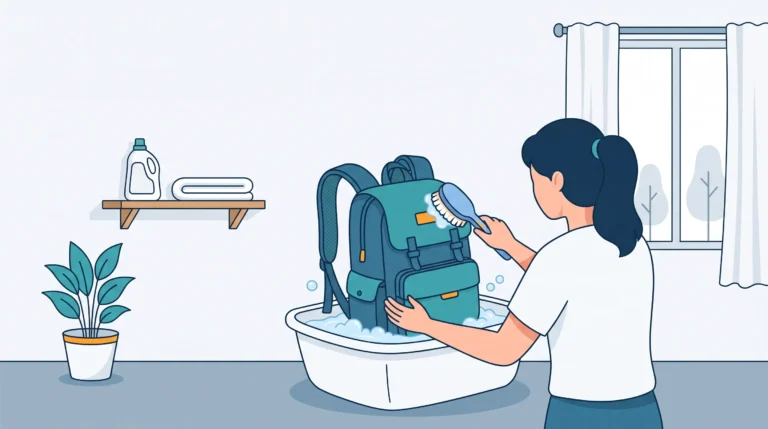 Ilustrasi seseorang sedang mencuci ransel secara manual menggunakan sikat lembut dan air sabun dalam baskom untuk menjaga busa dan tali tetap awet.