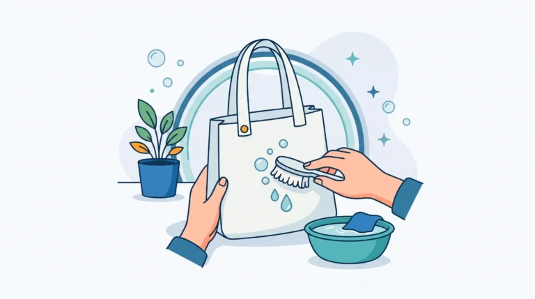 Ilustrasi proses mencuci tas kanvas menggunakan sikat halus dan air sabun secara perlahan agar serat kain tidak rusak dan tidak mengalami yellowing.