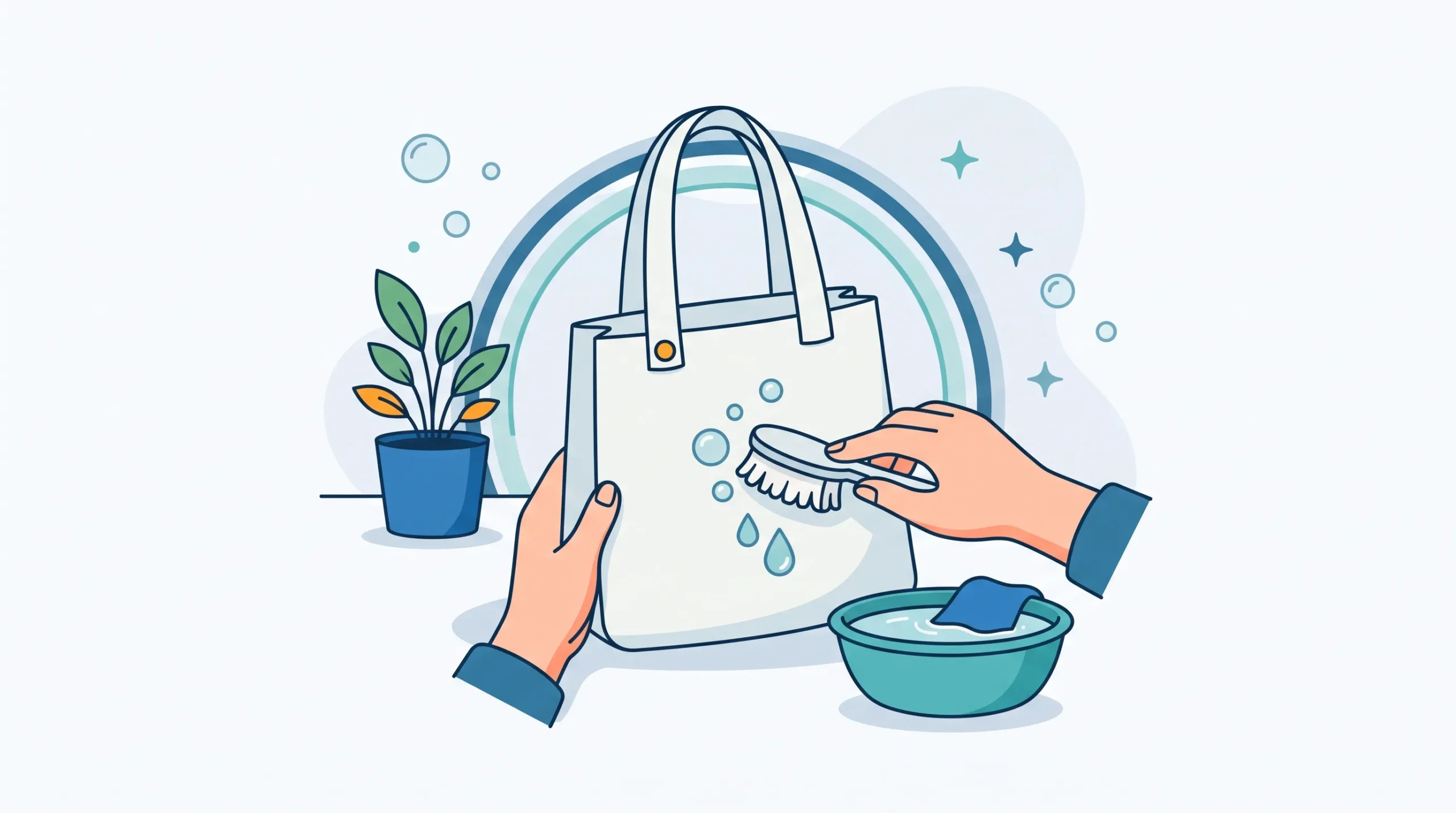 Ilustrasi proses mencuci tas kanvas menggunakan sikat halus dan air sabun secara perlahan agar serat kain tidak rusak dan tidak mengalami yellowing.