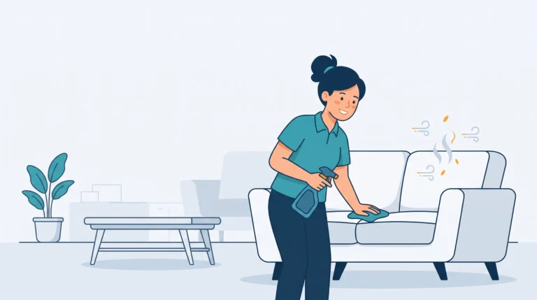 Ilustrasi seorang wanita sedang membersihkan dan menyemprotkan cairan pembersih pada sofa kain untuk menghilangkan bau apek dan pesing di ruang tamu.