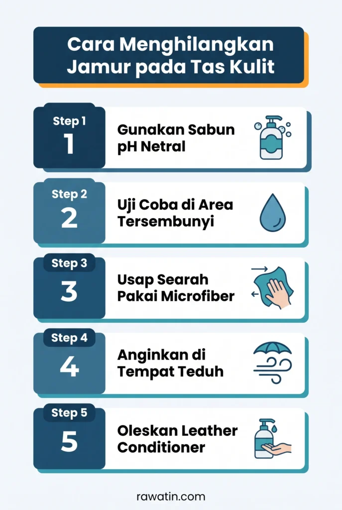 Infografis flat-design yang menampilkan lima langkah mudah untuk menghilangkan jamur pada tas kulit, meliputi: menggunakan sabun pH netral, melakukan uji coba di area tersembunyi, mengusap searah menggunakan kain microfiber, menganginkan tas di tempat teduh, dan mengoleskan leather conditioner. Setiap langkah disertai dengan ikon visual yang relevan.
