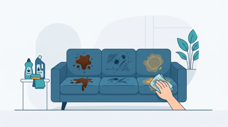 Ilustrasi flat vector sofa biru dengan noda tumpahan kopi, coretan tinta, dan noda ompol yang sedang dibersihkan secara perlahan menggunakan kain mikrofiber dan cairan pembersih khusus.