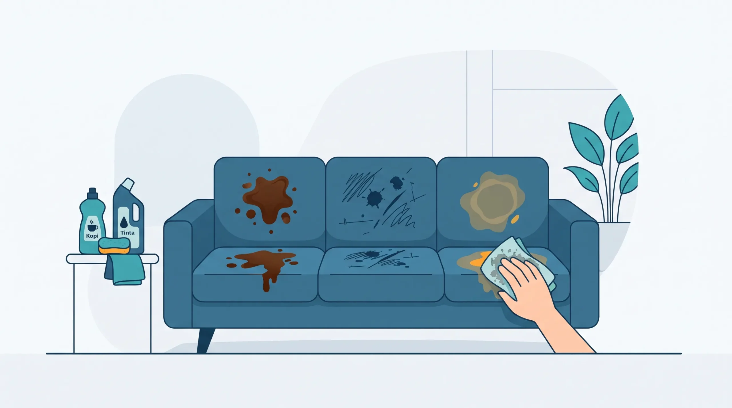 Ilustrasi flat vector sofa biru dengan noda tumpahan kopi, coretan tinta, dan noda ompol yang sedang dibersihkan secara perlahan menggunakan kain mikrofiber dan cairan pembersih khusus.