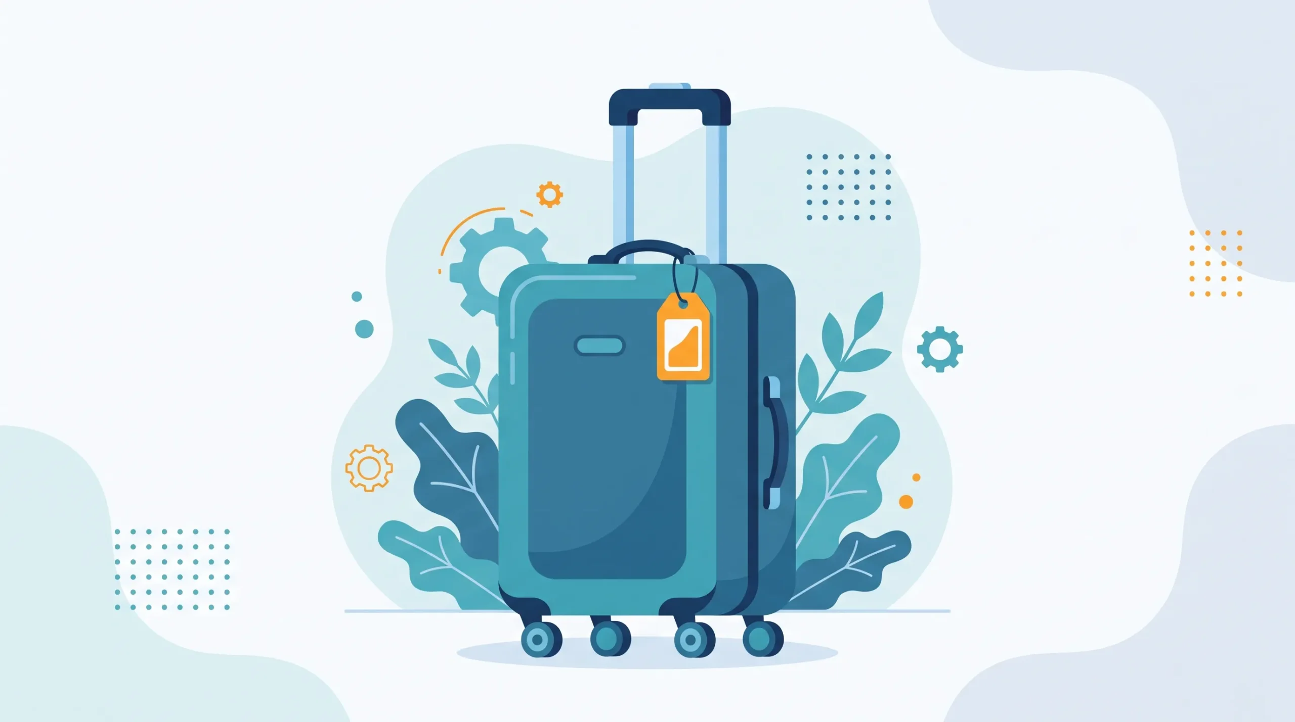 Ilustrasi bergaya flat design yang menampilkan sebuah koper travel beroda dengan gagang troli ditarik, dikelilingi oleh elemen dekoratif seperti daun, roda gigi kecil, dan pola titik-titik dengan latar belakang abstrak berwarna biru muda yang bersih. Gambar ini melambangkan koper yang terawat dengan baik dan siap untuk digunakan kembali dalam perjalanan.