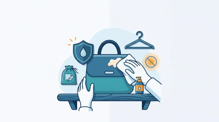 Ilustrasi flat vector perawatan tas yang menampilkan proses membersihkan noda dengan kain halus, penggunaan dust bag kain, perlindungan dari sinar matahari langsung, dan proteksi dari kelembapan agar tas tidak retak.