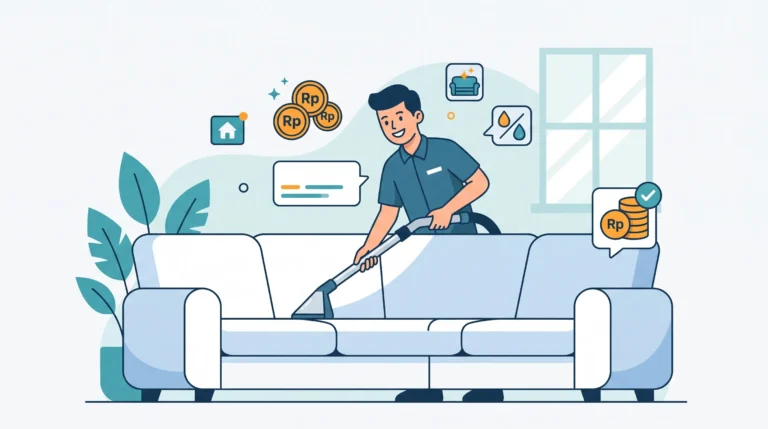 Ilustrasi teknisi jasa pembersihan profesional sedang melakukan deep cleaning sofa minimalis secara langsung di rumah (on-site) menggunakan alat vakum ekstraktor khusus, dilengkapi ikon koin rupiah sebagai estimasi perhitungan biaya per dudukan.