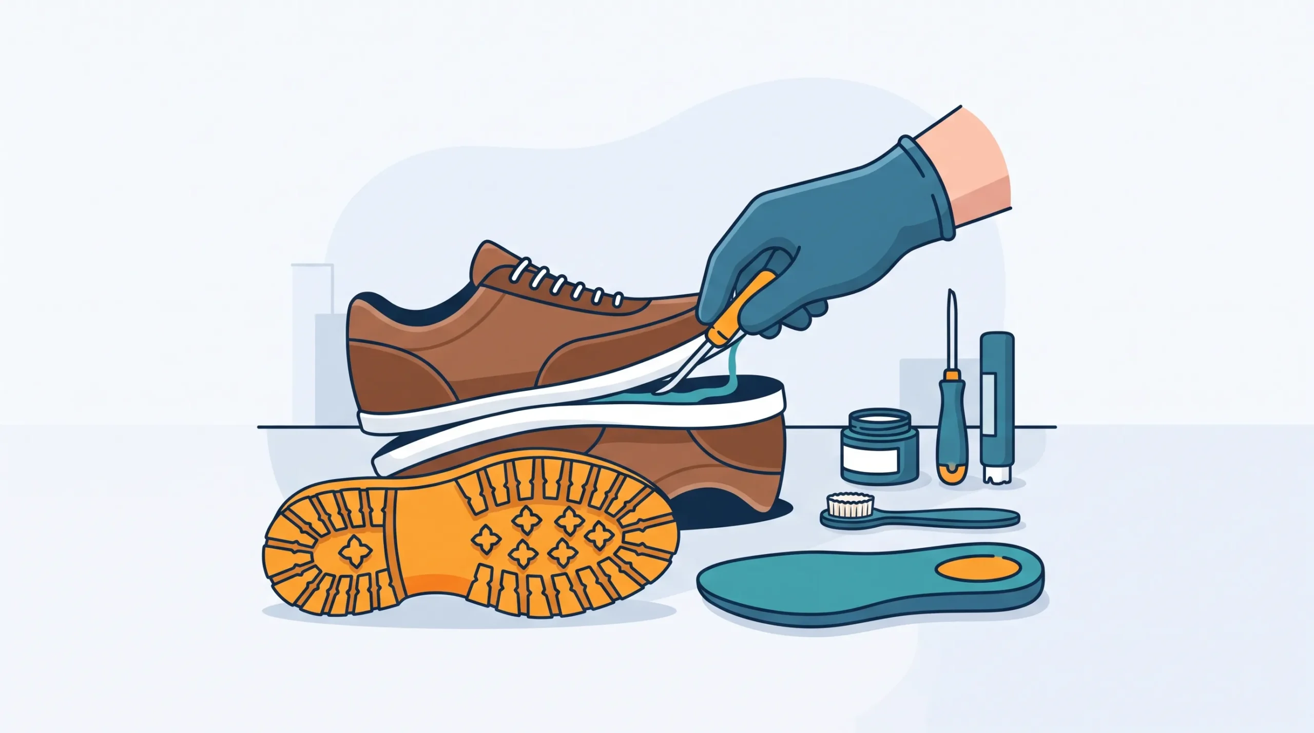 Ilustrasi flat vector tangan teknisi sedang melakukan proses pengeleman dan ganti sol sepatu menggunakan alat reparasi khusus.