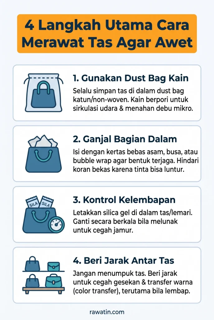 Infografis vertikal yang memuat 4 langkah utama cara merawat tas agar awet, meliputi penggunaan dust bag berbahan kain, mengganjal bagian dalam tas dengan kertas bebas asam, mengontrol kelembapan memakai silica gel, serta memberi jarak antar tas saat disimpan di lemari.