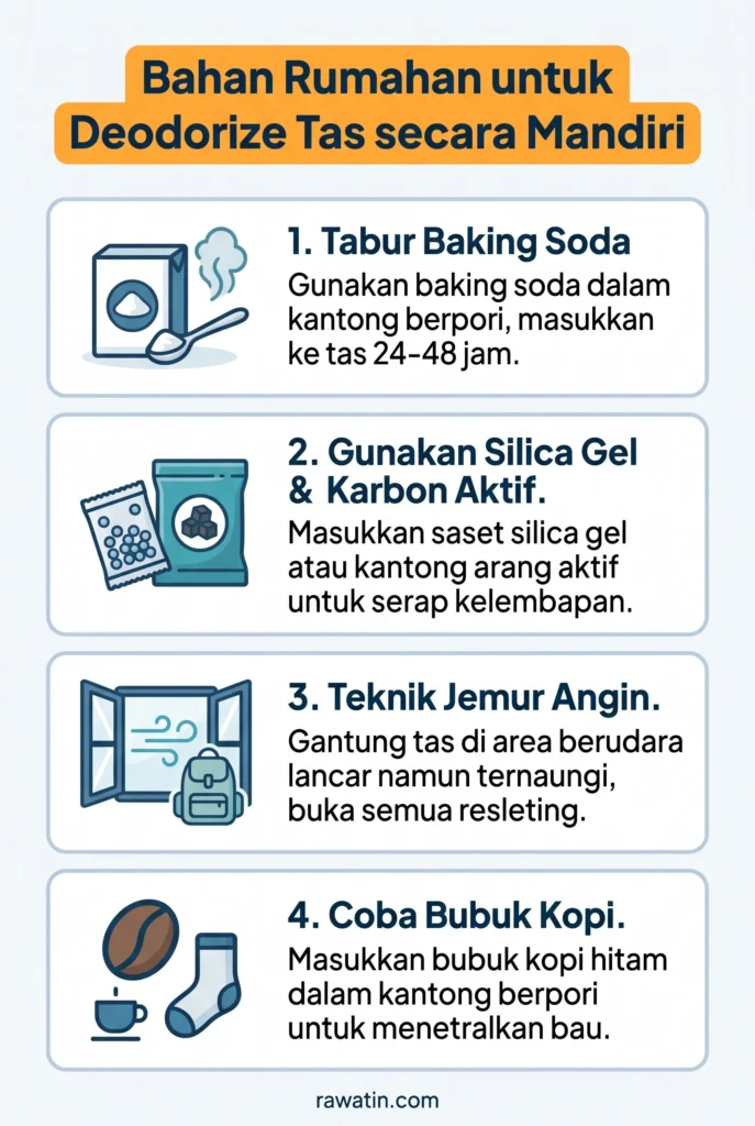 Infografis empat cara menghilangkan bau tas secara mandiri menggunakan bahan rumahan, meliputi penggunaan baking soda, saset silica gel dan karbon aktif, teknik jemur angin dekat jendela, serta bubuk kopi dalam kantong berpori.