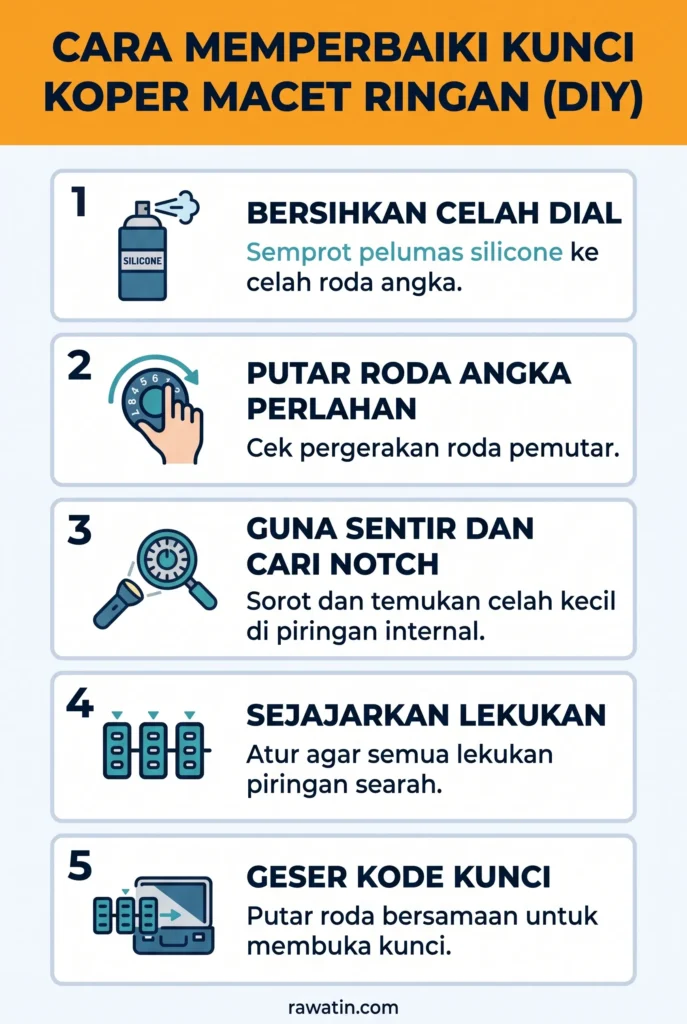 Infografis berisi lima langkah praktis memperbaiki kunci koper yang macet secara DIY, mulai dari menyemprotkan pelumas silicone pada celah dial angka, memutar roda secara perlahan, menyenter celah untuk mencari notch, menyejajarkan lekukan piringan internal, hingga menggeser kode angka untuk membuka koper.