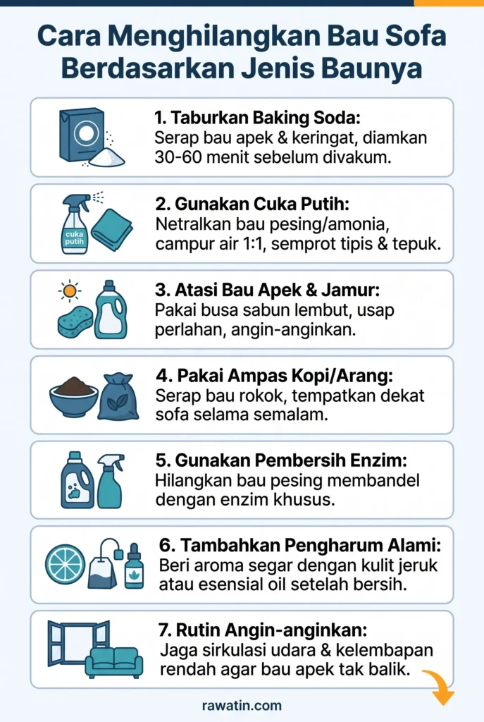 Infografis vertikal panduan tujuh cara menghilangkan bau sofa berdasarkan penyebabnya, mulai dari penggunaan baking soda, cuka putih, busa sabun, ampas kopi, pembersih enzim, pengharum alami, hingga menjaga sirkulasi udara ruangan.