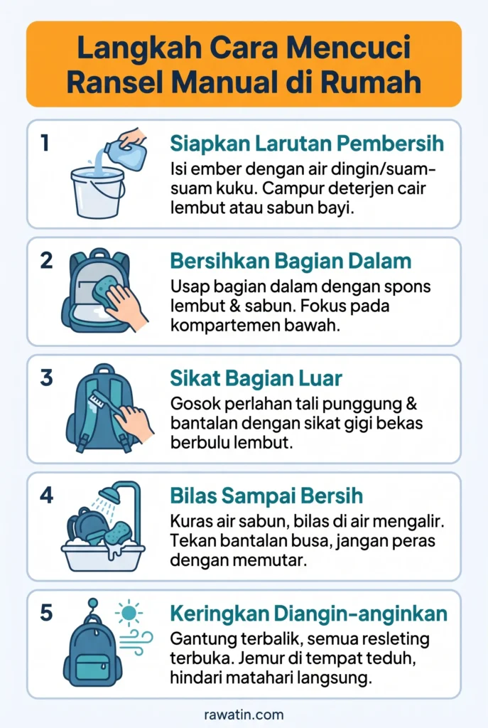 Infografis lima langkah praktis cara mencuci ransel sendiri di rumah, mulai dari menyiapkan larutan sabun, membersihkan bagian dalam, menyikat luar, membilas, hingga mengeringkan.