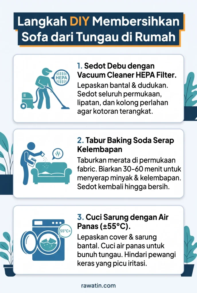 Infografis berisi tiga langkah mandiri membersihkan sofa dari tungau: menyedot debu dengan penyedot debu bernilter HEPA, menaburkan baking soda untuk menyerap kelembapan, dan mencuci sarung sofa dengan air panas suhu 55 derajat Celsius.