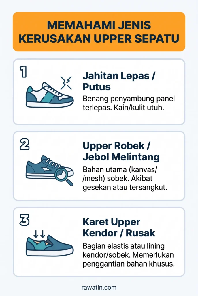 Infografis vertical mengenai tiga jenis kerusakan upper sepatu, yaitu jahitan lepas atau putus, upper robek atau jebol melintang, dan karet upper kendor atau rusak beserta penjelasannya.