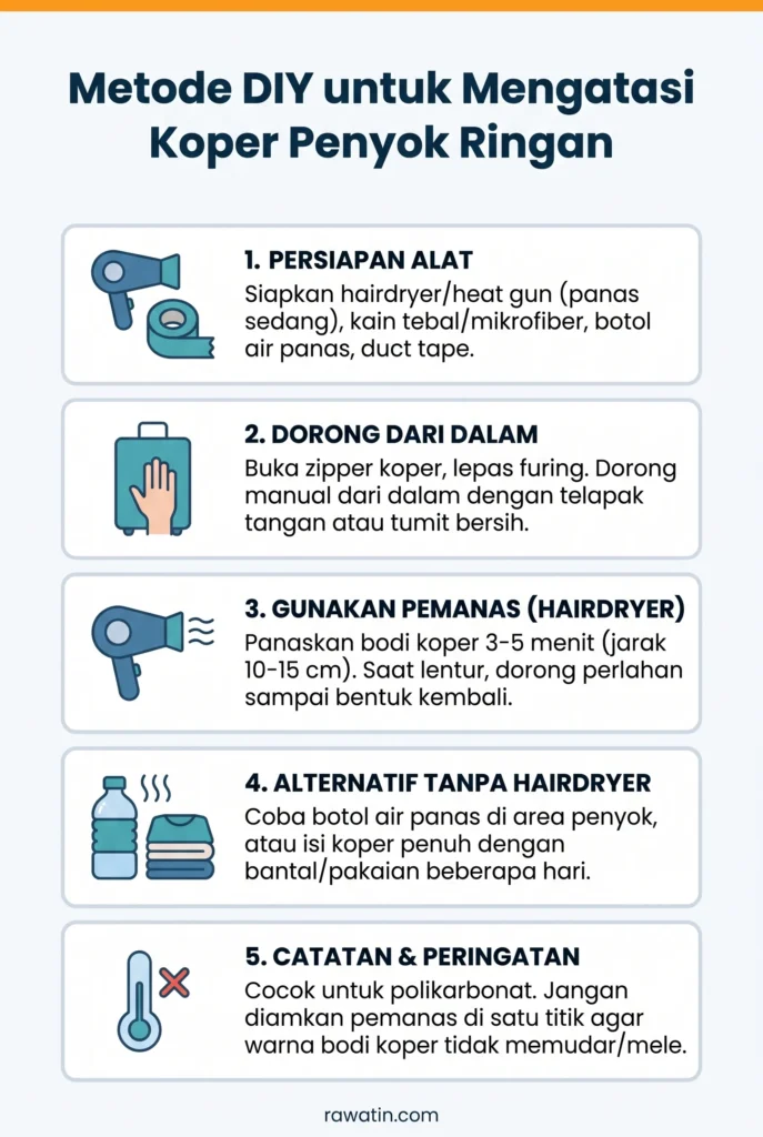 Infografis panduan langkah demi langkah memperbaiki bodi koper penyok ringan secara DIY, mulai dari persiapan alat, teknik dorong dari dalam, penggunaan hairdryer atau botol air panas, hingga catatan keamanan material.