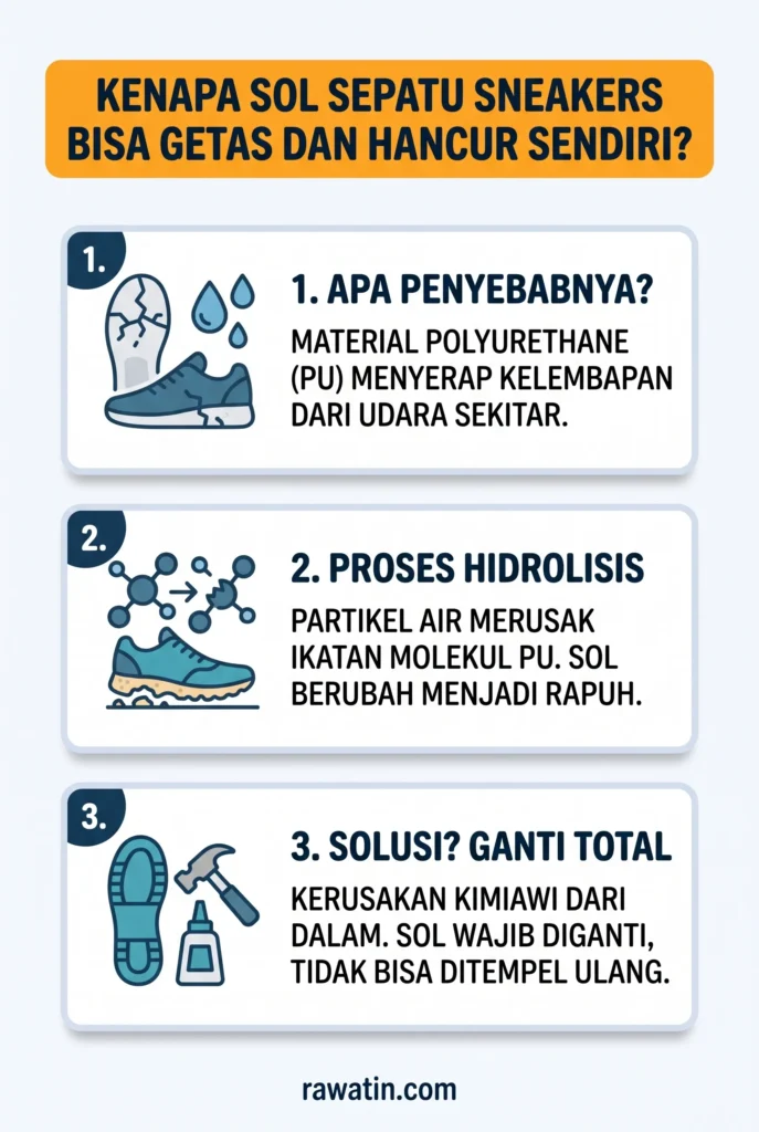 Infografis berisi tiga langkah penjelasan fenomena hidrolisis pada sol sepatu sneakers, mulai dari penyerapan kelembapan oleh bahan polyurethane, kerusakan ikatan molekul, hingga solusi penggantian sol secara total.