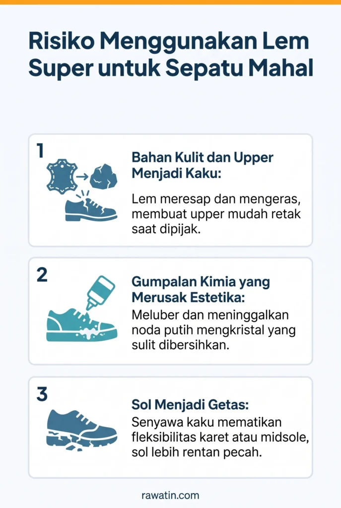 Infografis vertikal yang menjelaskan tiga risiko penggunaan lem super pada sepatu mahal, yaitu bahan upper menjadi kaku, noda gumpalan kimia yang merusak estetika, dan sol menjadi getas serta mudah pecah.
