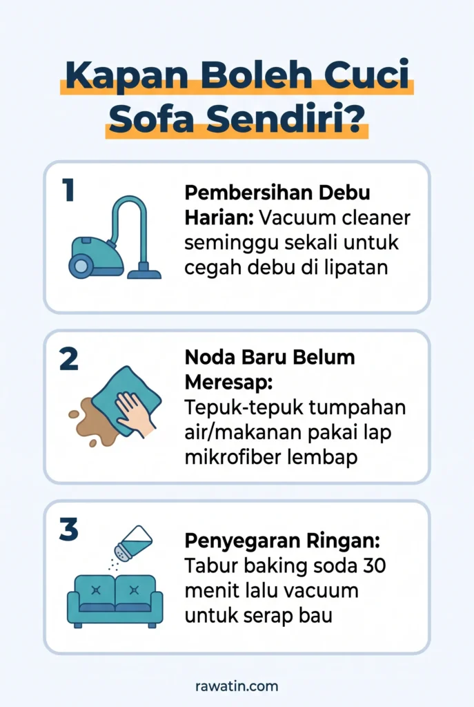 Infografis berisi tiga panduan waktu terbaik membersihkan sofa sendiri di rumah dari Rawatin, yaitu pembersihan debu harian dengan vacuum cleaner, membersihkan noda baru belum meresap dengan lap mikrofiber, dan penyegaran ringan menggunakan baking soda.