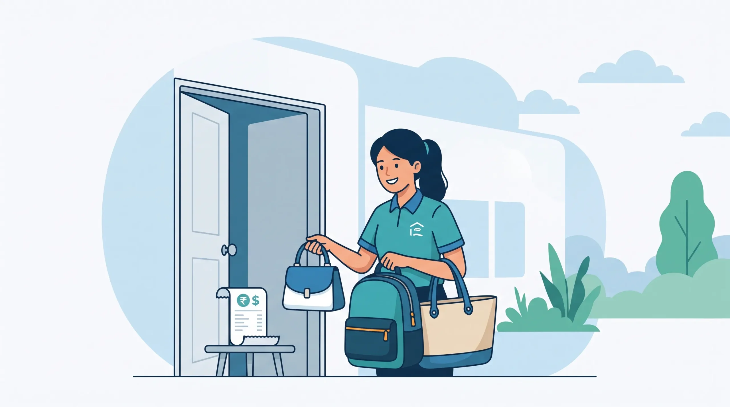 Ilustrasi petugas kurir membawa berbagai jenis tas seperti handbag, ransel, dan tote bag di depan pintu rumah lengkap dengan nota rincian harga cuci tas.