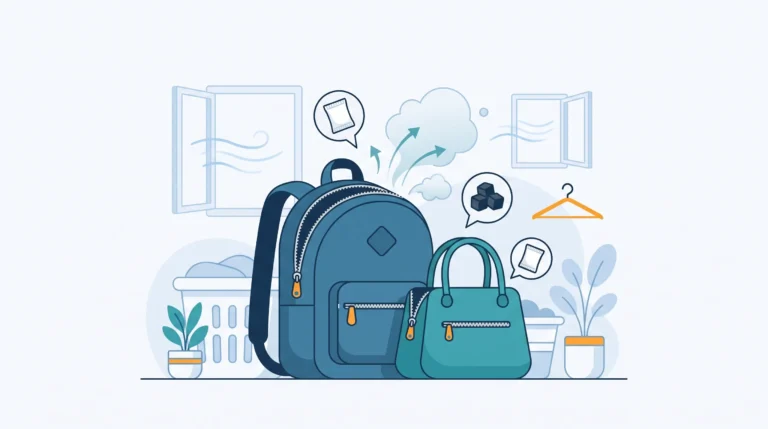 Ilustrasi metode menghilangkan bau tas, menampilkan tas ransel dan tas tangan yang diangin-anginkan di depan jendela terbuka, lengkap dengan simbol saset silica gel, arang aktif, dan hanger untuk proses deodorisasi.