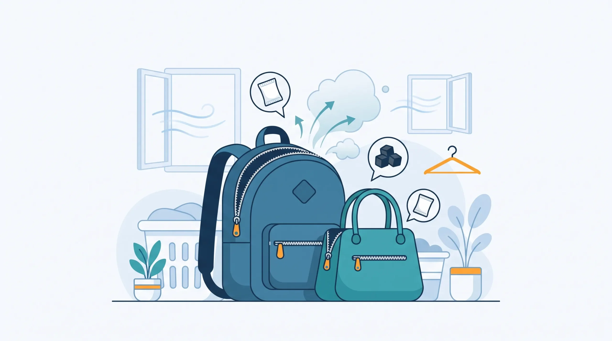 Ilustrasi metode menghilangkan bau tas, menampilkan tas ransel dan tas tangan yang diangin-anginkan di depan jendela terbuka, lengkap dengan simbol saset silica gel, arang aktif, dan hanger untuk proses deodorisasi.
