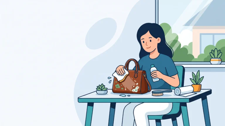 Ilustrasi seorang wanita sedang membersihkan bintik-bintik jamur pada tas kulit menggunakan kain microfiber lembap dan cairan pembersih khusus di meja yang rapi.